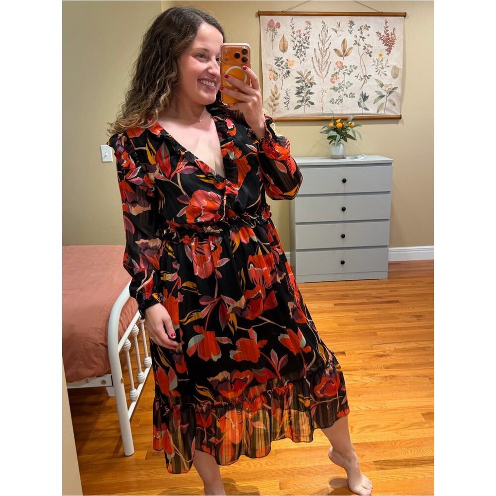 Tuckernuck Adelyn Rae Black Floral Maxi Dress with Red Orange Bloom Medium - Picture 4 of 12